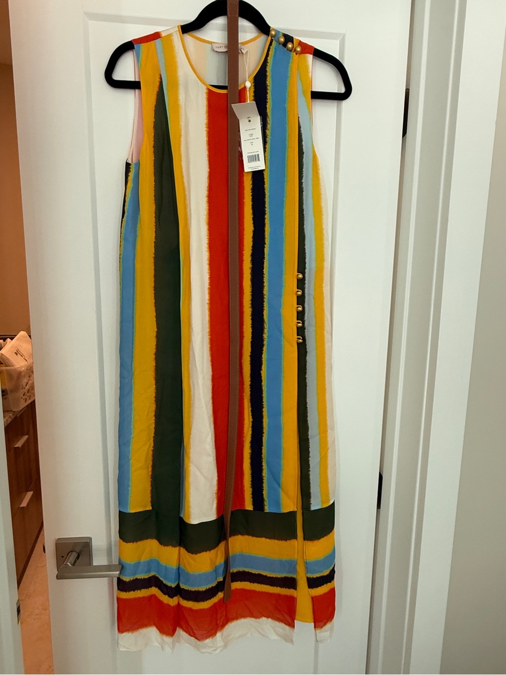 Tory Burch Striped Silk Bettina Multicolor Sleeveless Midi Dress w Belt, New!Tag